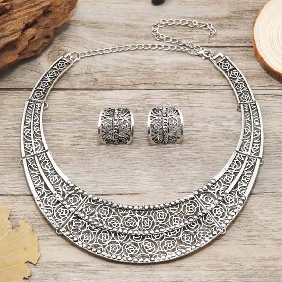 SILVERY PERSIA FILIGREE PANELS COLLAR NECKLACE & EARRINGS 49 - Picture 2 of 5